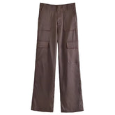 Pantalon droit ample décontracté taille haute amincissant à grandes poches pour femmes